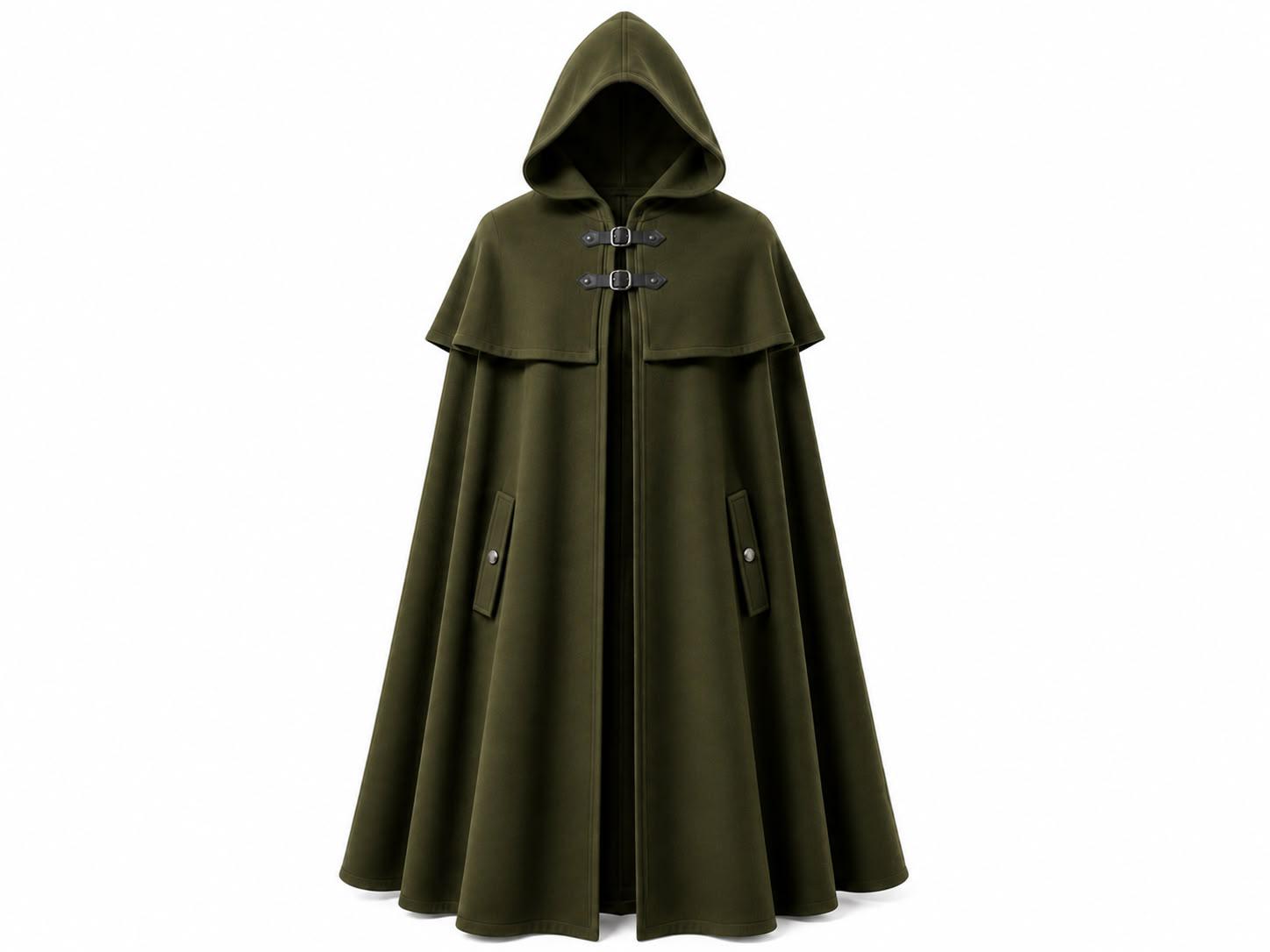 Viking Jacket - Dark Green Leather Hooded Poncho, Medieval Fantasy Cape, Viking Cloak, Renaissance