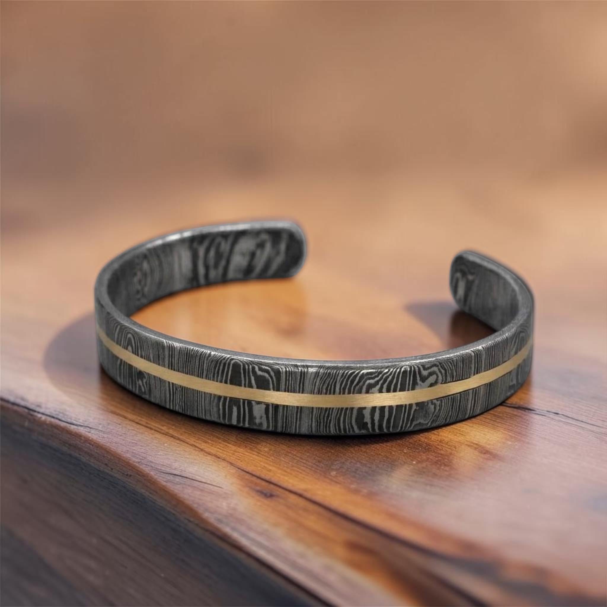 Viking Bracelet - Hand Forged Damascus Steel Cuff Bracelet with Copper Inlay Viking Bangle, Modern