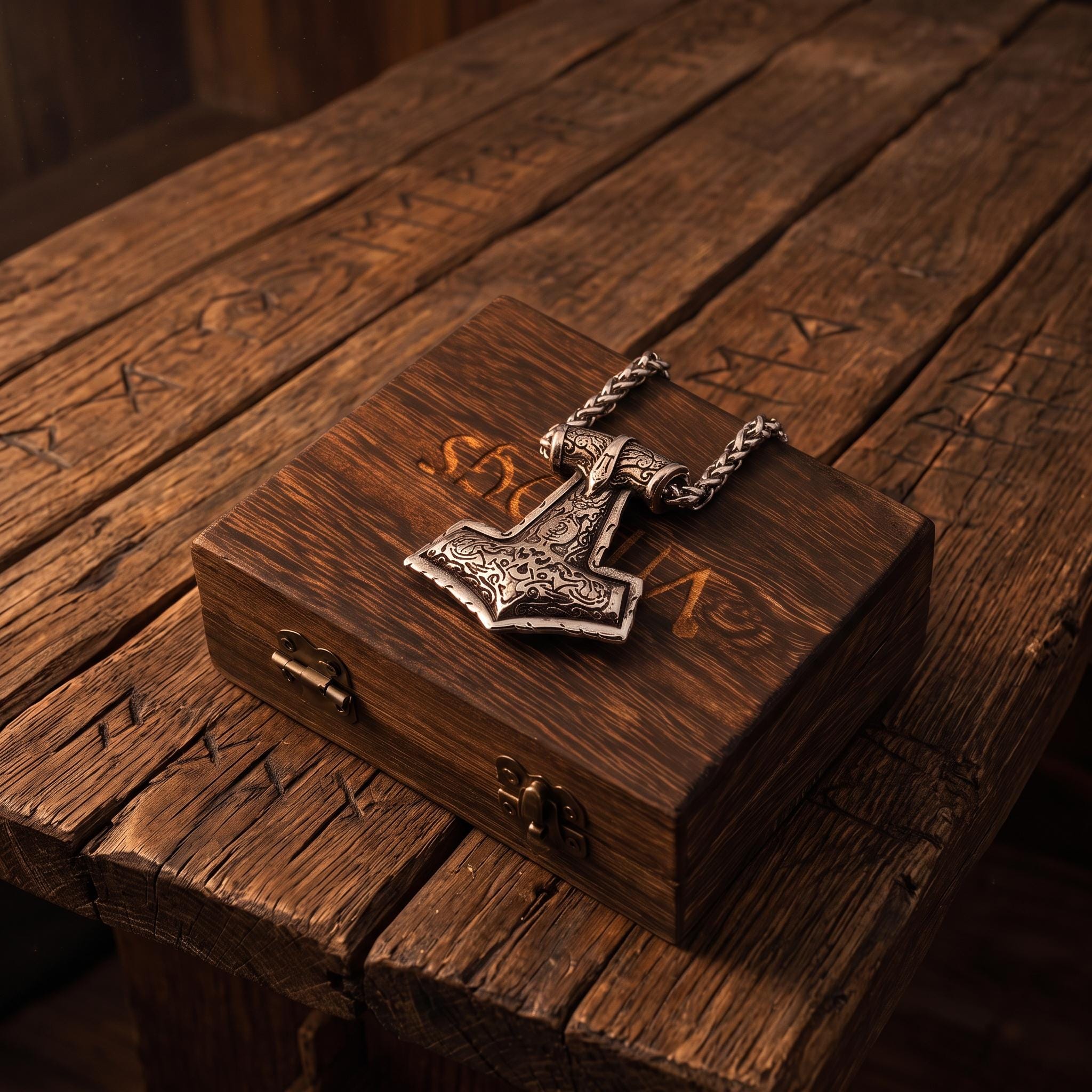Viking Thor's Hammer Necklace - Men's Viking Wolf Head Thor's Hammer Necklace, Stainless Steel