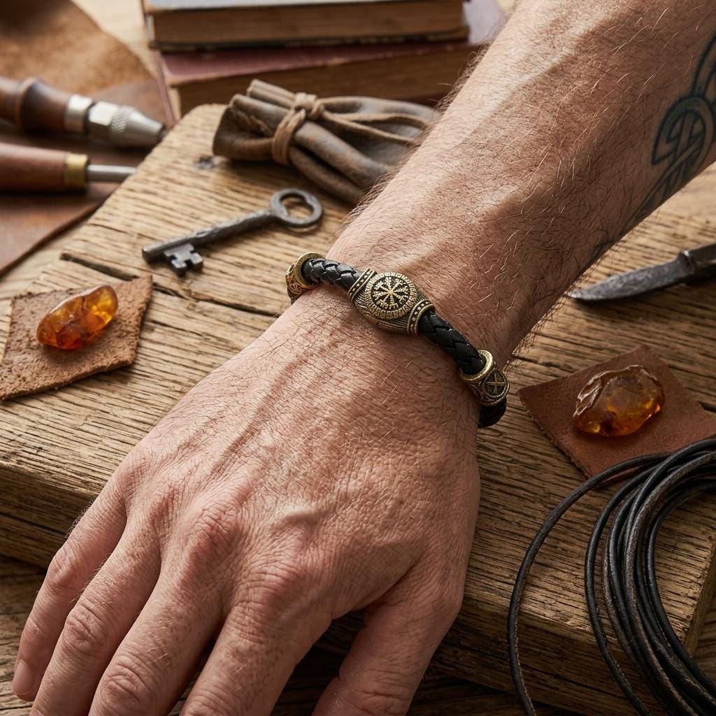 Viking Vegvisir Compass Bracelet - Norse Viking Vegvisir Leather Bracelet for Men- Antique Bronze