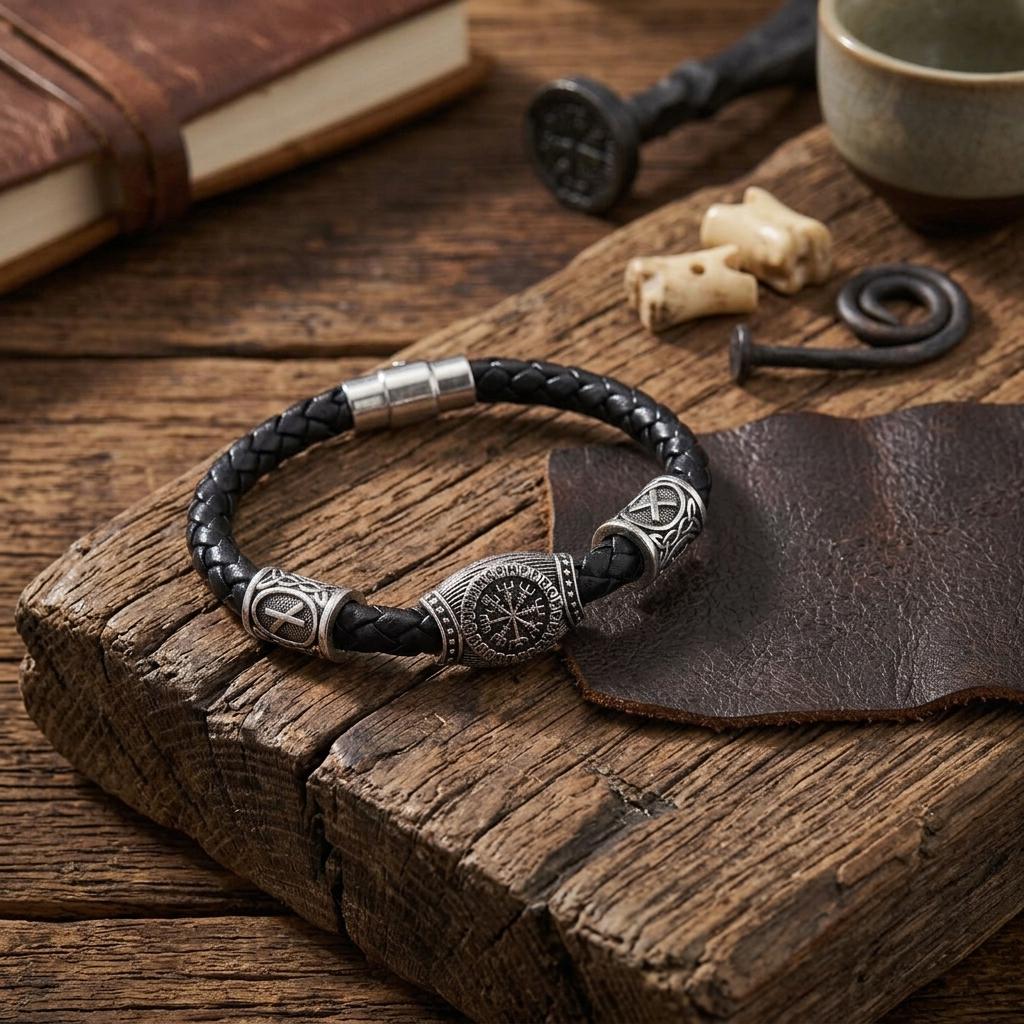 Viking Vegvisir Compass Bracelet - Norse Viking Vegvisir Leather Bracelet for Men- Antique Bronze