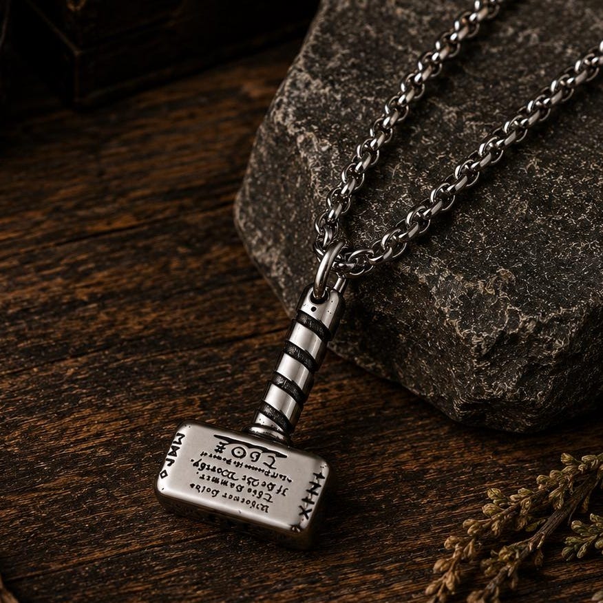 Viking Thor's Hammer Necklace - Gold Mjolnir Necklace with Wolf Heads, Viking Thor Hammer Pendant