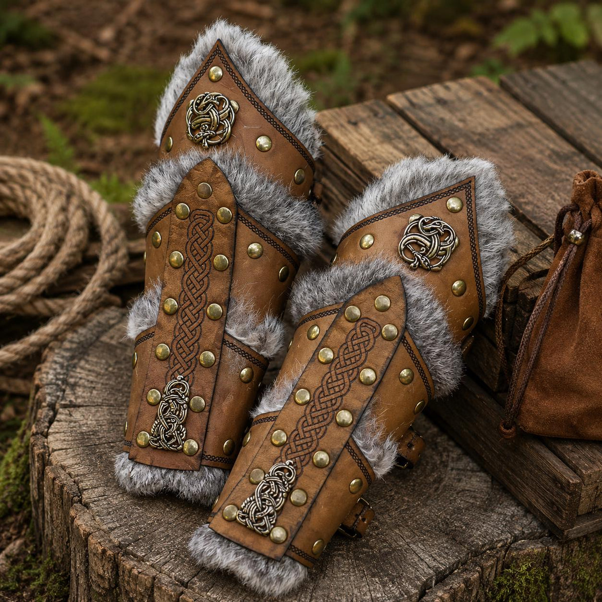 Viking Costume & LARP - 2pc Viking Fur Trim Bracers, Real Rabbit Fur Medieval Leather Arm Warmers