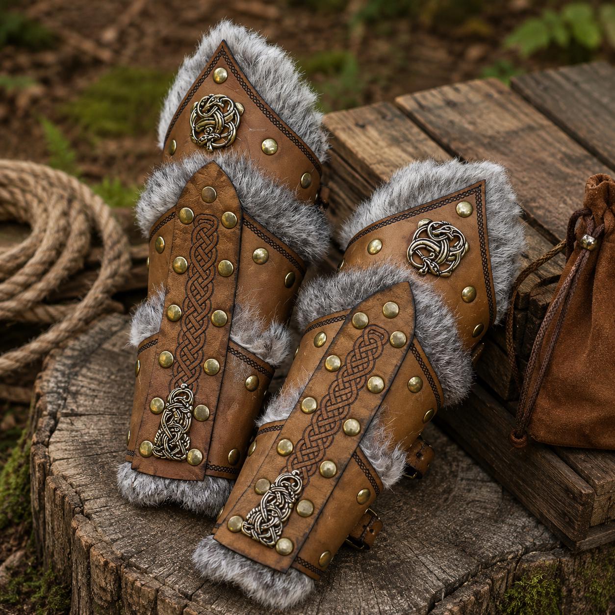 Viking Costume & LARP - 2pc Viking Fur Trim Bracers, Real Rabbit Fur Medieval Leather Arm Warmers