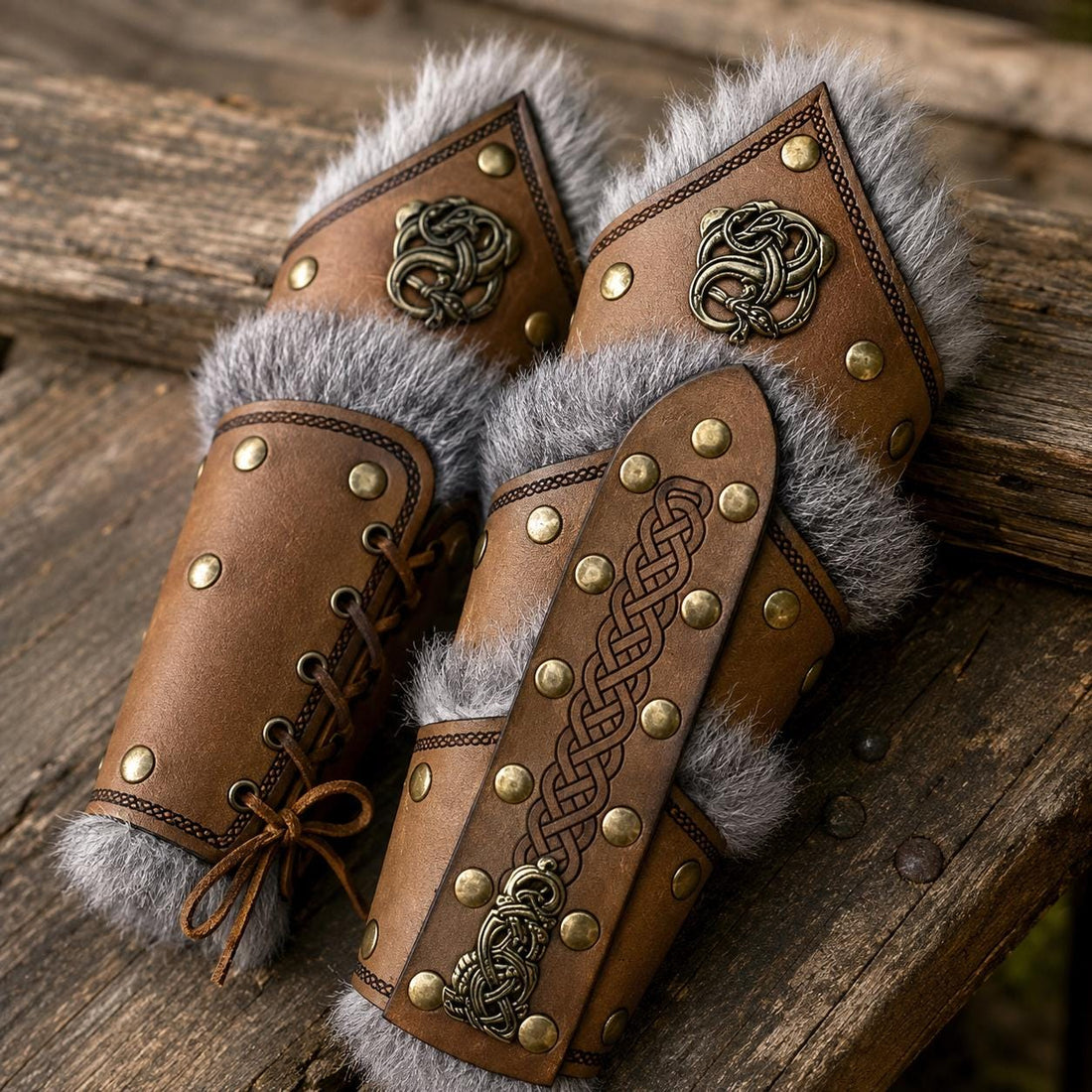 Viking Costume & LARP - 2pc Viking Fur Trim Bracers, Real Rabbit Fur Medieval Leather Arm Warmers