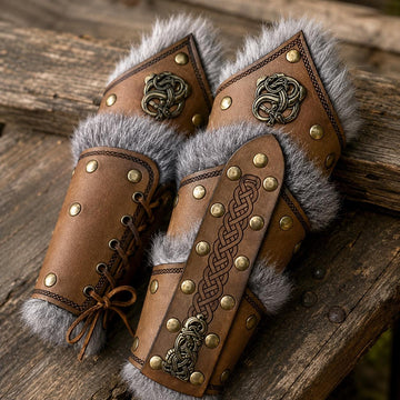 Viking Costume & LARP - 2pc Viking Fur Trim Bracers, Real Rabbit Fur Medieval Leather Arm Warmers