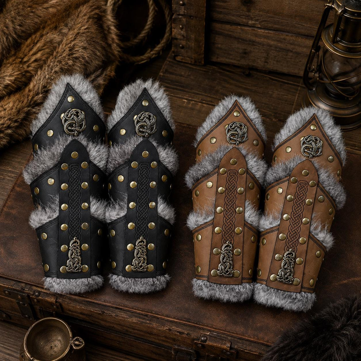 Viking Costume & LARP - 2pc Viking Fur Trim Bracers, Real Rabbit Fur Medieval Leather Arm Warmers