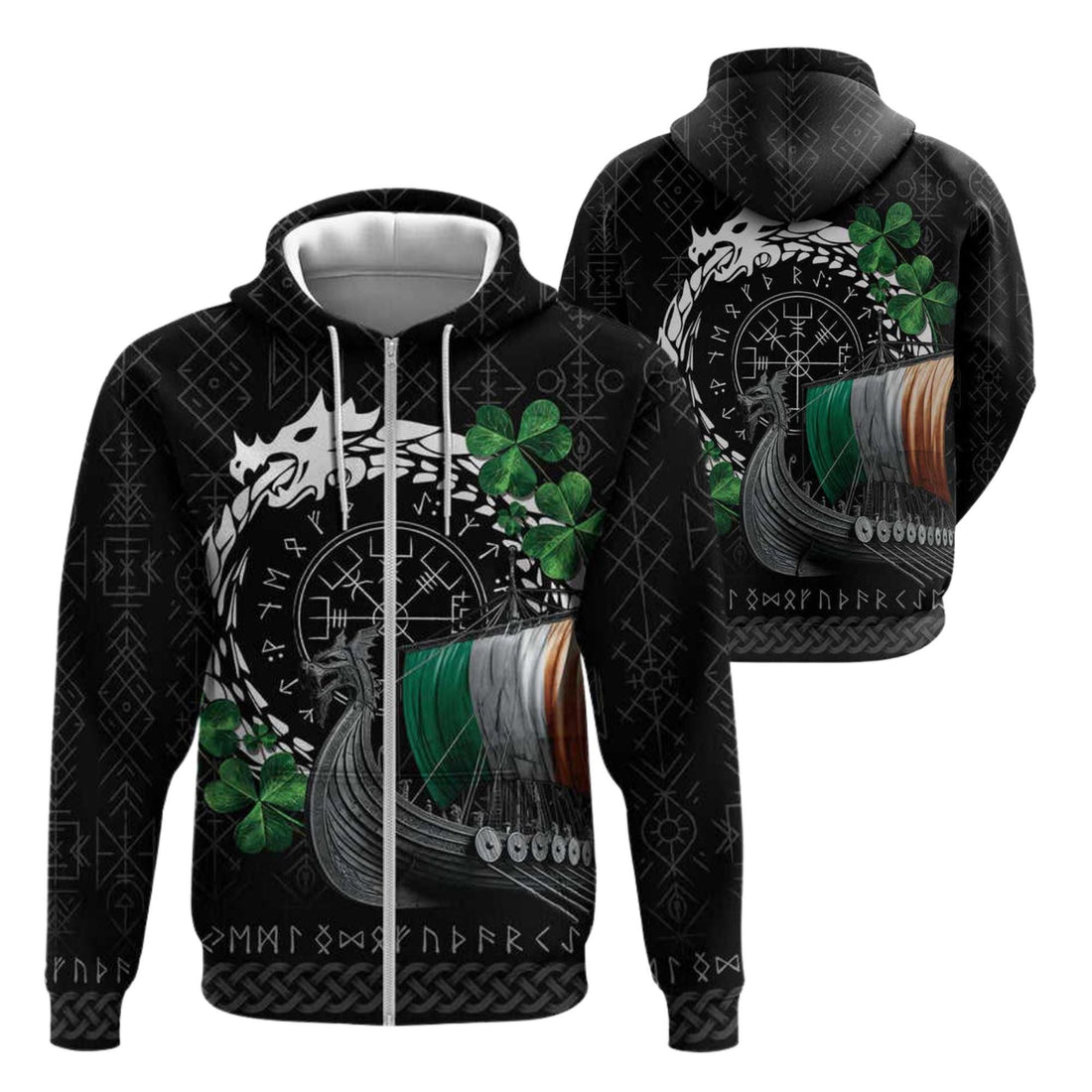 Viking Hoodie - Irish Viking Zip Hoodie, Ireland Flag Norse Ship Jacket, Celtic Unisex Heritage Gift