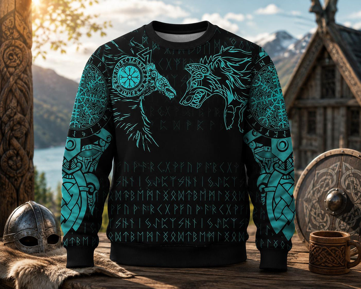 Viking Wolf Hoodie - Viking Wolf Raven Hoodie Sweatshirt T-Shirt, Norse Rune Nordic Mythology