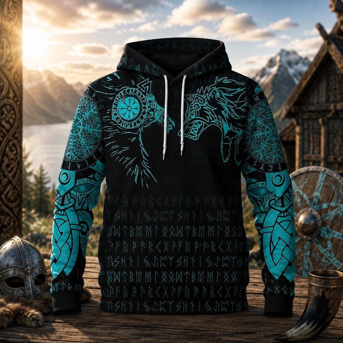 Viking Wolf Hoodie - Viking Wolf Raven Hoodie Sweatshirt T-Shirt, Norse Rune Nordic Mythology