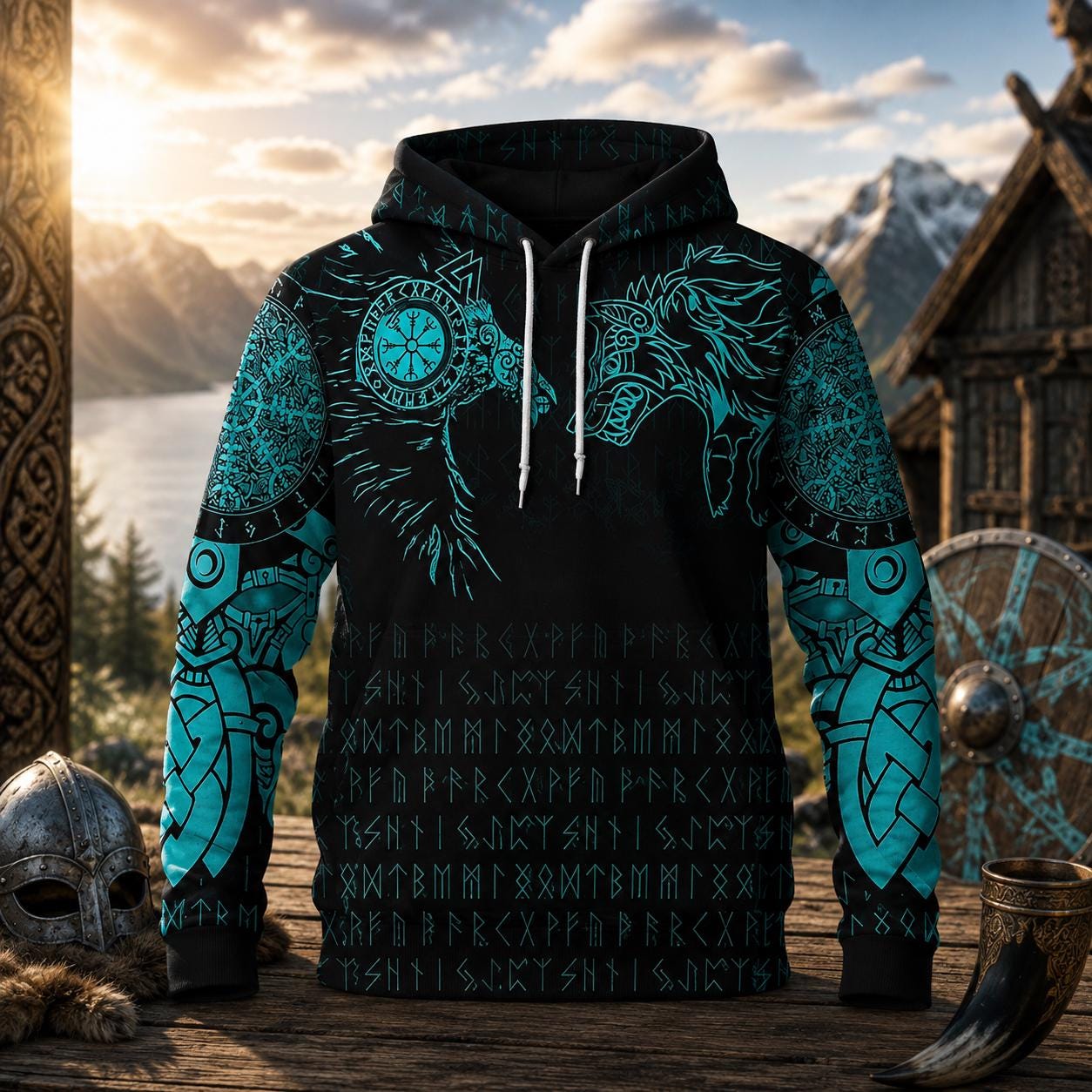 Viking Wolf Hoodie - Viking Wolf Raven Hoodie Sweatshirt T-Shirt, Norse Rune Nordic Mythology