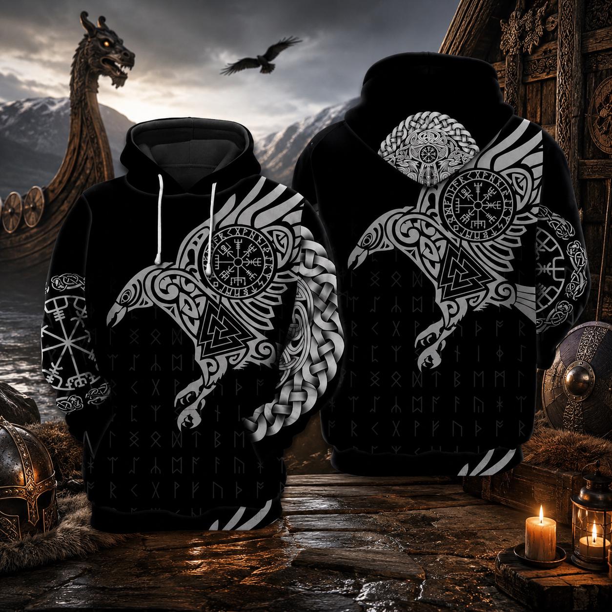 Viking Wolf Hoodie - Norse Viking Wolf Hoodie – Black Runic Vegvisir Sleeve, Raven & Wolf Art