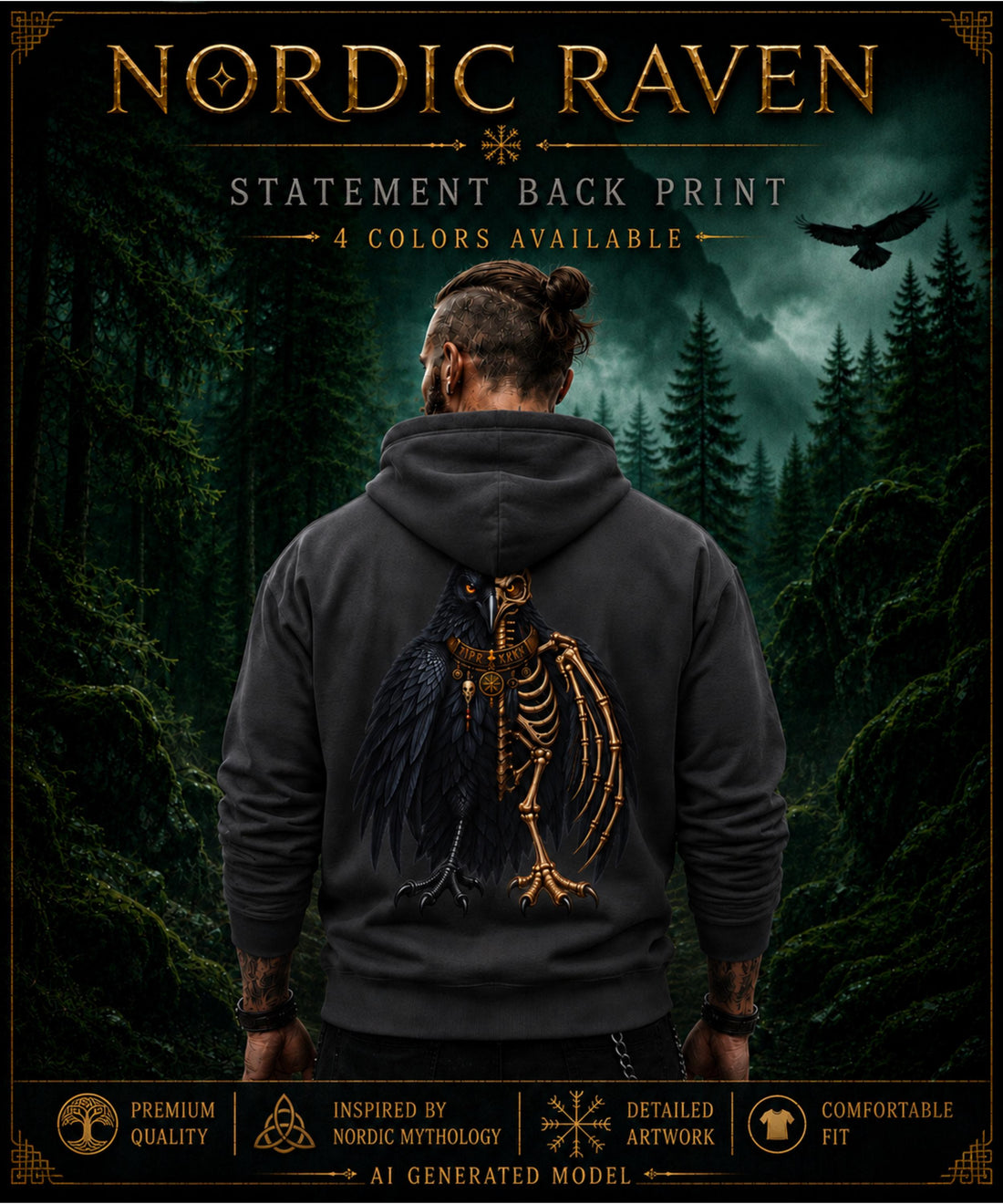 Viking Raven Hoodie - Gothic Raven Hoodie, Raven Skeleton Hoodie, Viking Raven Hoodie, Norse Raven