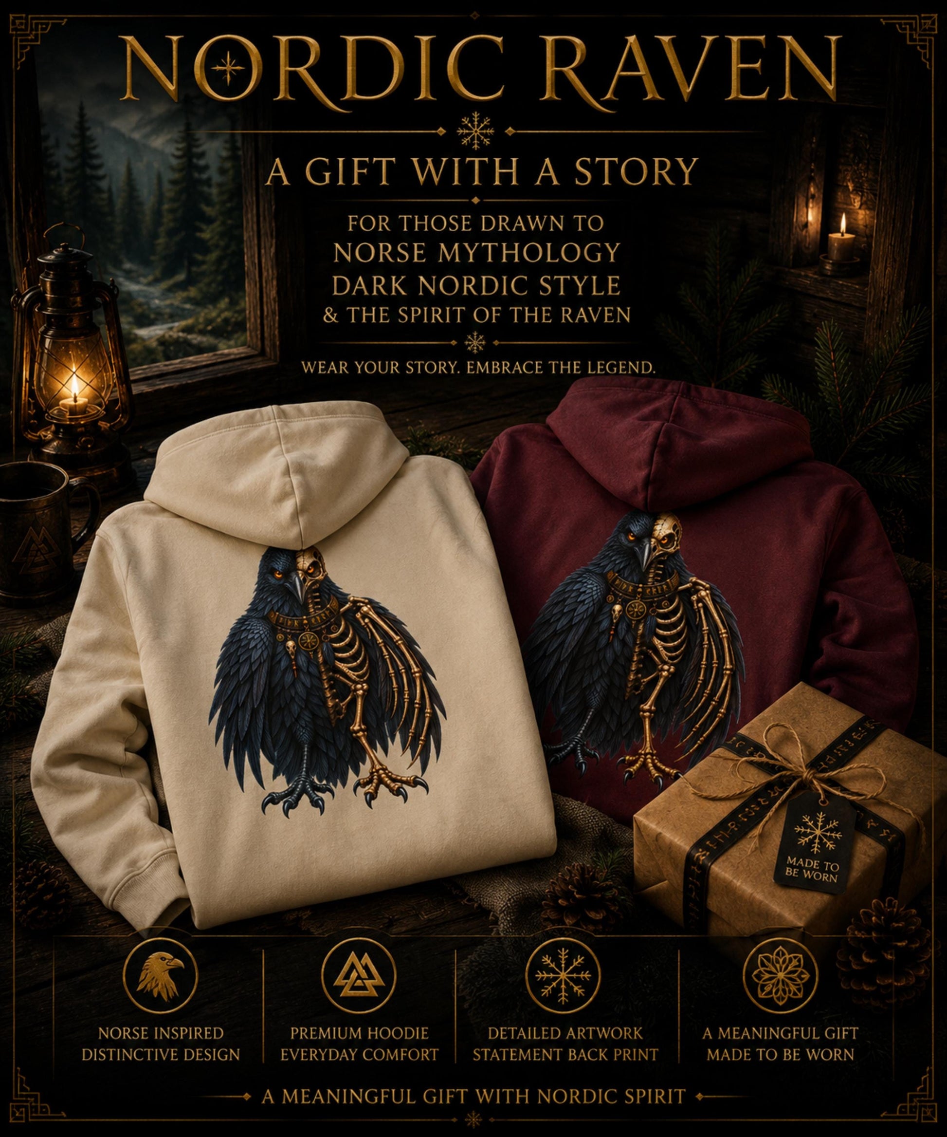 Viking Raven Hoodie - Gothic Raven Hoodie, Raven Skeleton Hoodie, Viking Raven Hoodie, Norse Raven