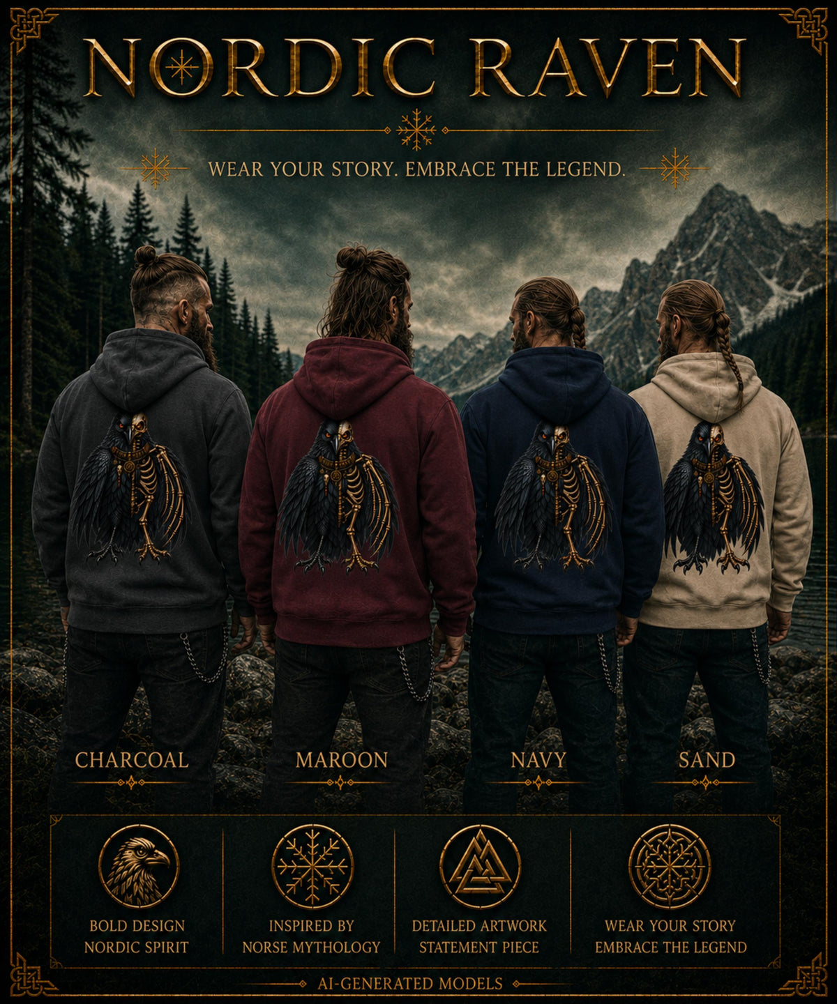 Viking Raven Hoodie - Gothic Raven Hoodie, Raven Skeleton Hoodie, Viking Raven Hoodie, Norse Raven