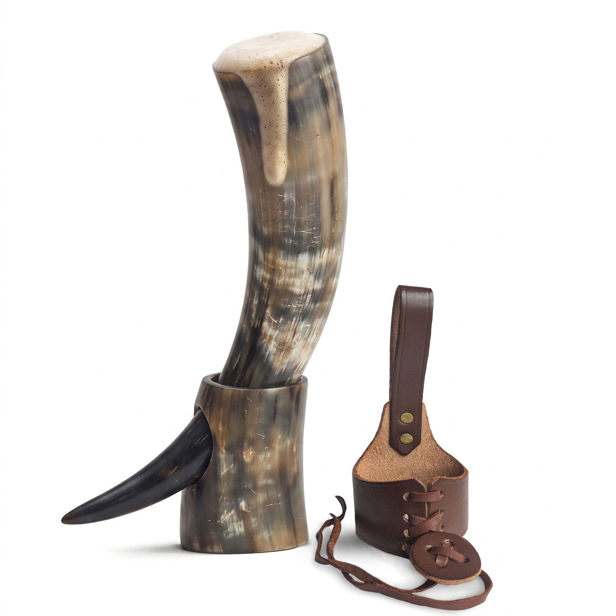 Viking Mug - Viking Drinking Horn with Fitted Stand & Genuine Leather Belt Holster - Multiple Sizes
