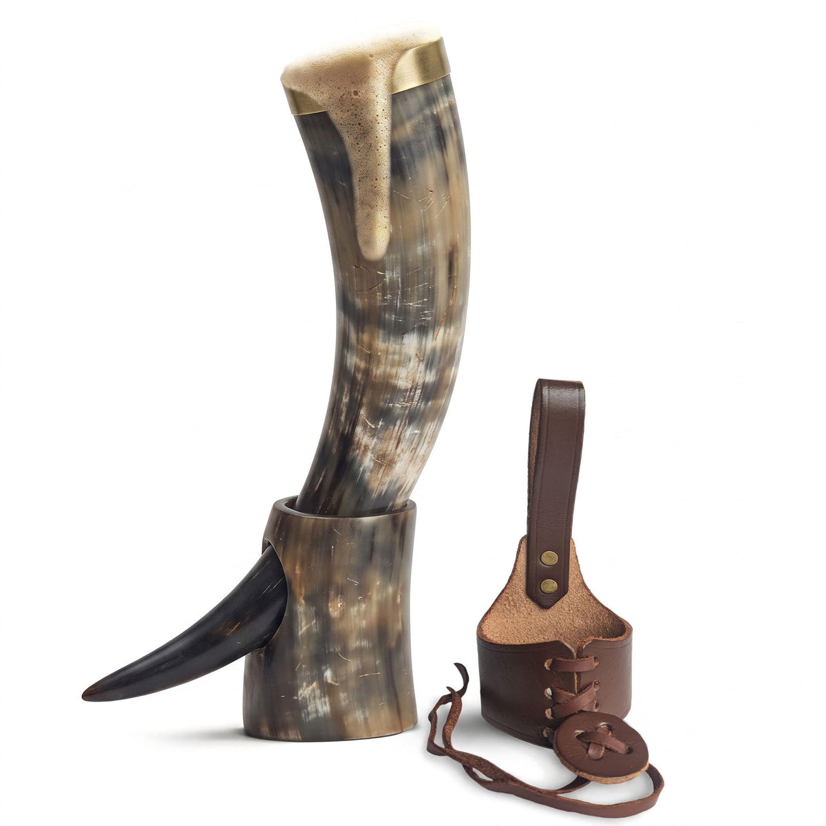 Viking Mug - Viking Drinking Horn with Fitted Stand & Genuine Leather Belt Holster - Multiple Sizes
