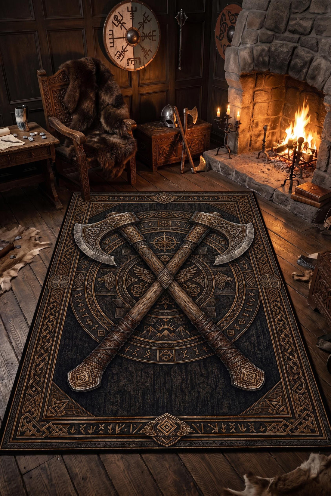 Viking Rug - Viking Axe Rug, Norse Mythology Decor, Celtic Knot Carpet, Rustic Man Cave Mat