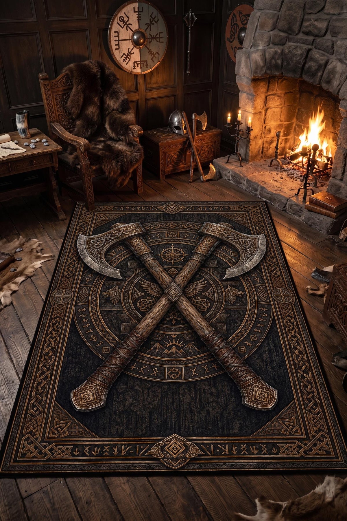 Viking Rug - Viking Axe Rug, Norse Mythology Decor, Celtic Knot Carpet, Rustic Man Cave Mat