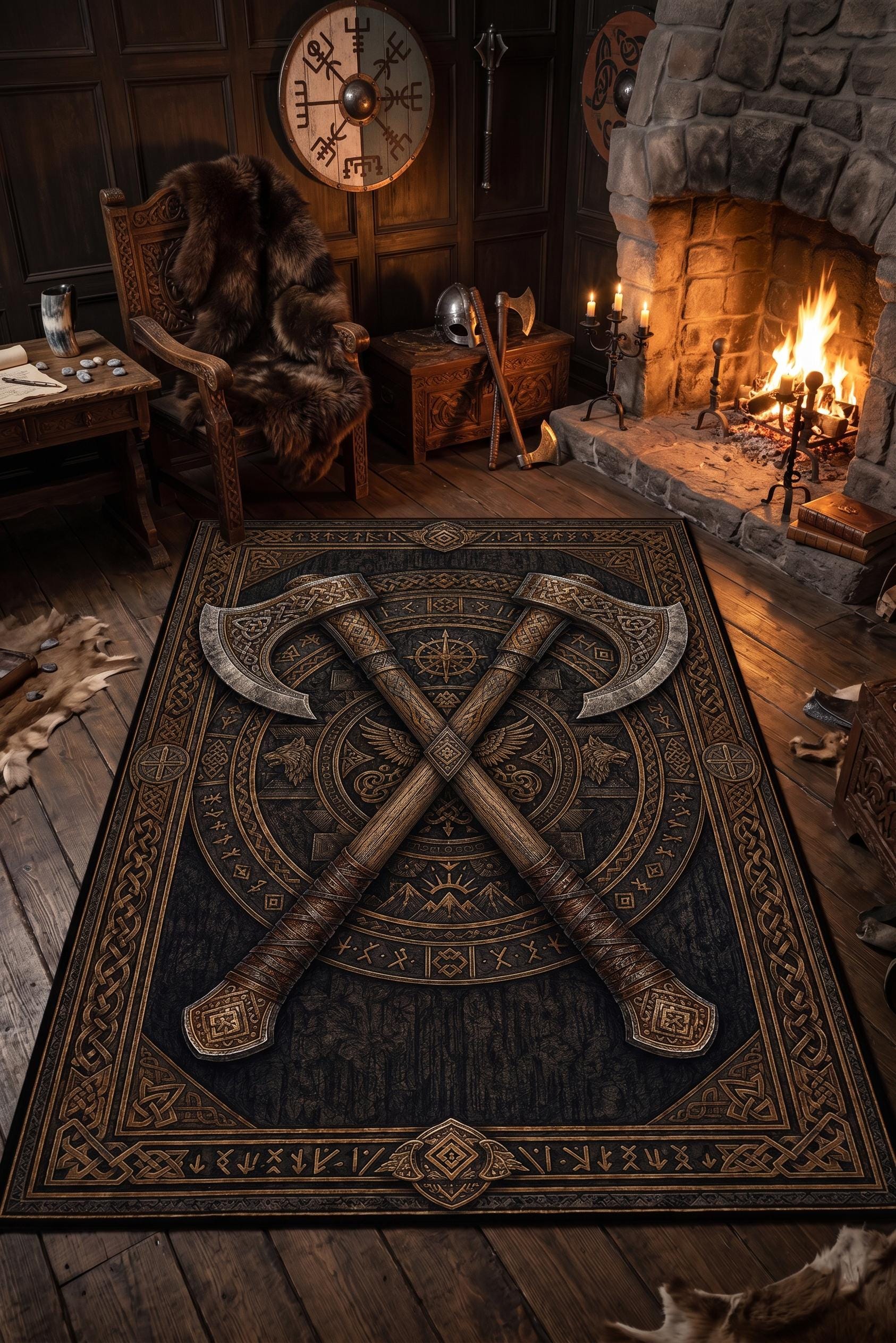 Viking Rug - Viking Axe Rug, Norse Mythology Decor, Celtic Knot Carpet, Rustic Man Cave Mat