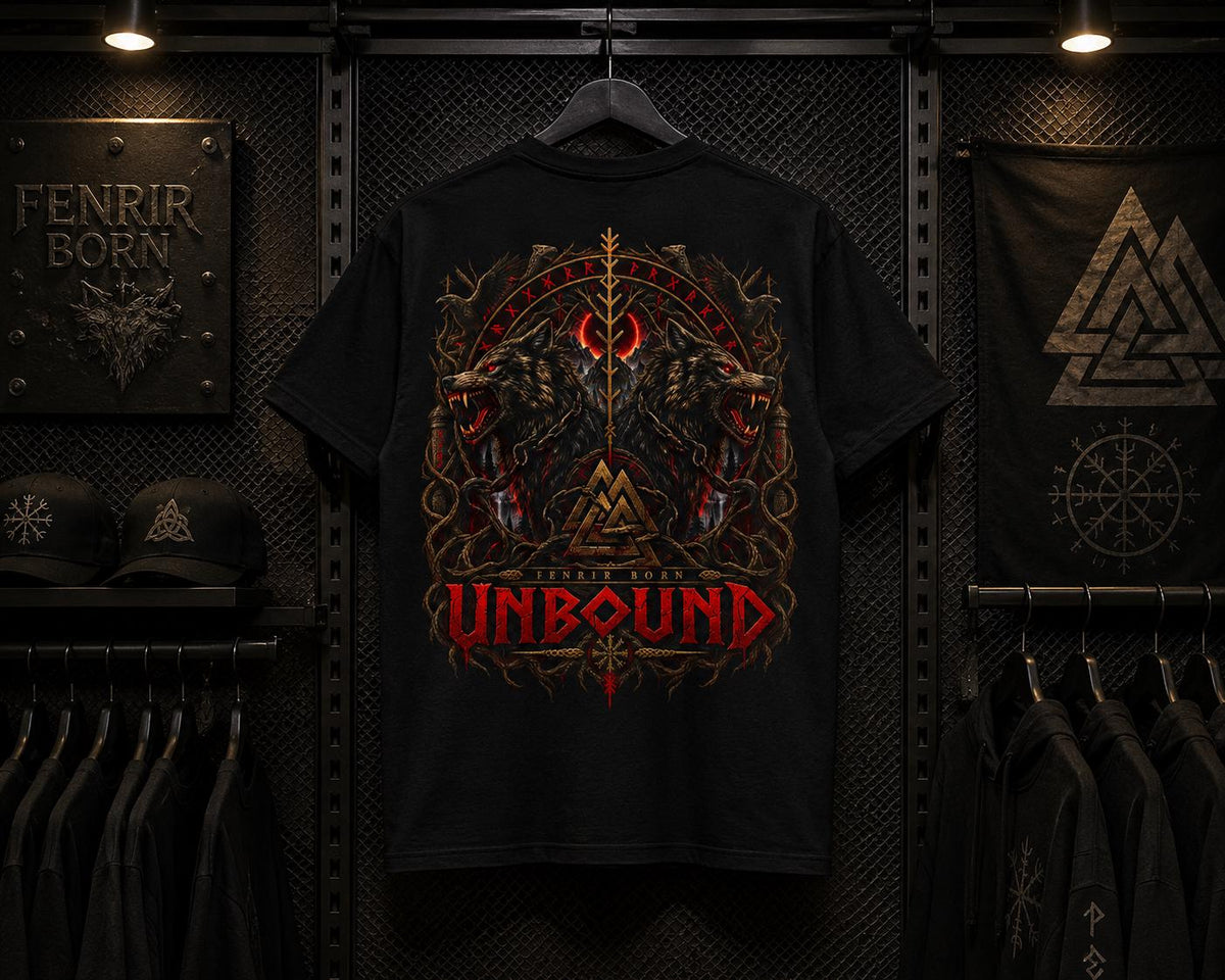 Viking Wolf T-Shirt - Fenrir Unbound Viking Shirt, Norse Wolf T-Shirt, Nordic Mythology Tee