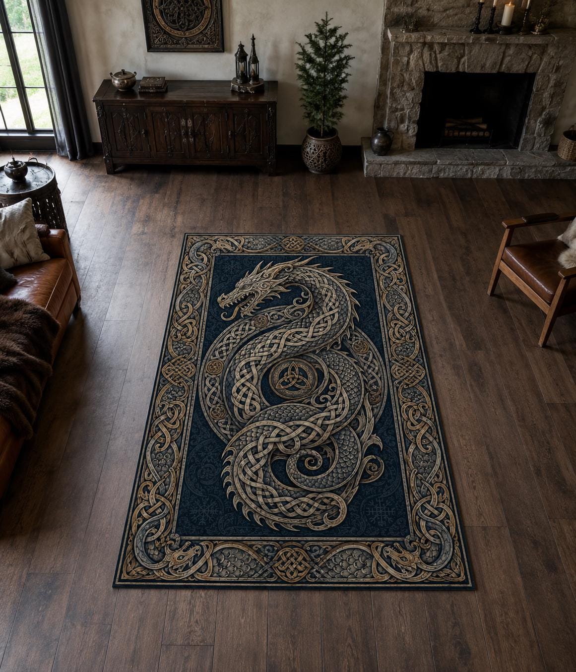 Viking Rug - Viking Dragon Knotwork Rug, Norse Mythology, Celtic Serpent Warrior (40x60cm)