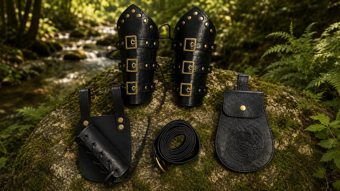 Viking Costume & LARP - Medieval Leather Accessory Set 63" Belt, Pouch, 2 Arm Guards & Sword Holder