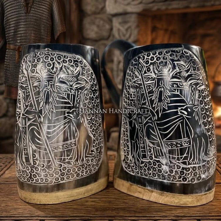 Viking Raven Mug - Authentic Drinking Horn Mug, Engraved Norse Raven Horn Tankard, Viking Mead