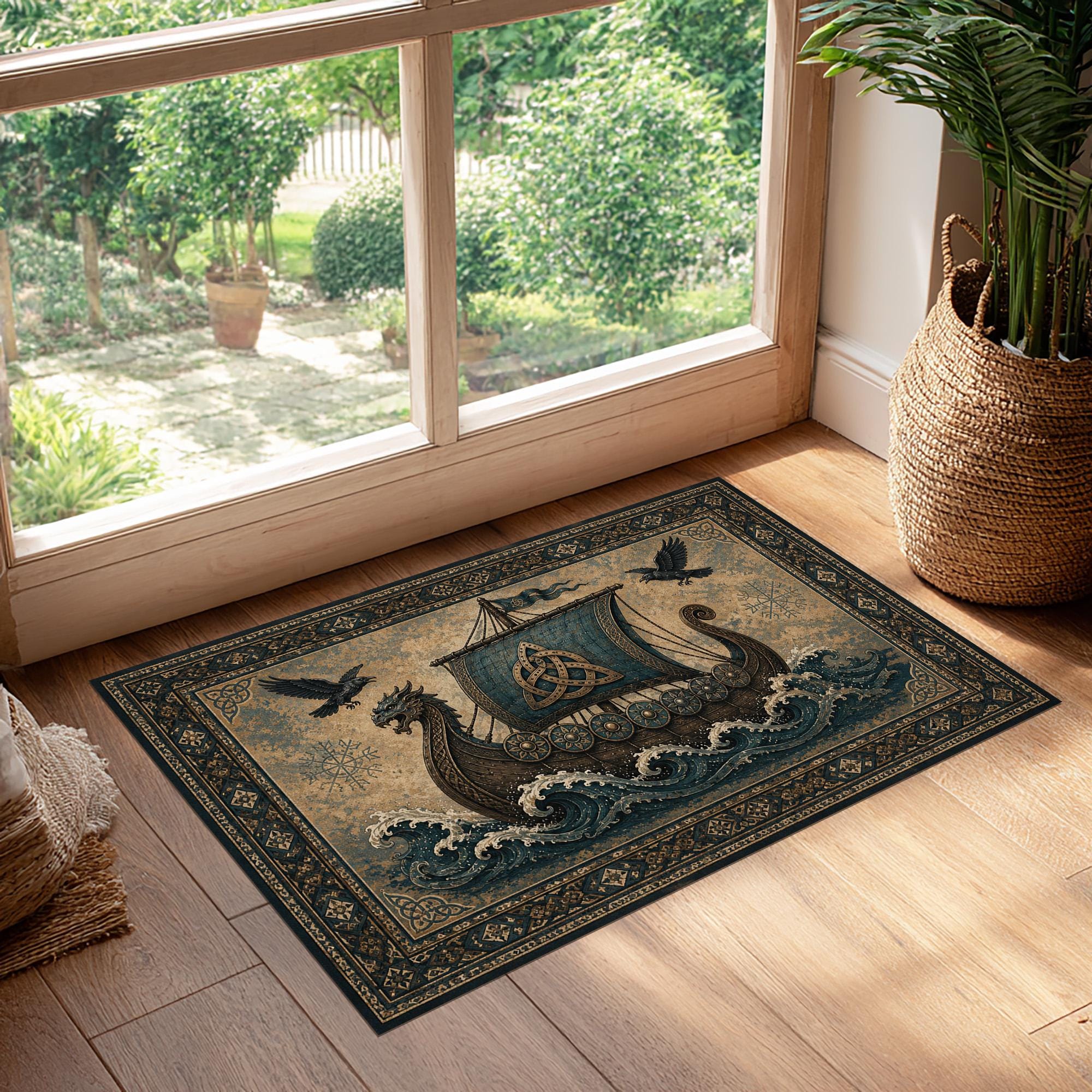 Viking Raven Rug - Viking Ship Rug: Norse Longship Carpet, Blue Ocean Waves, Celtic Raven Dragon