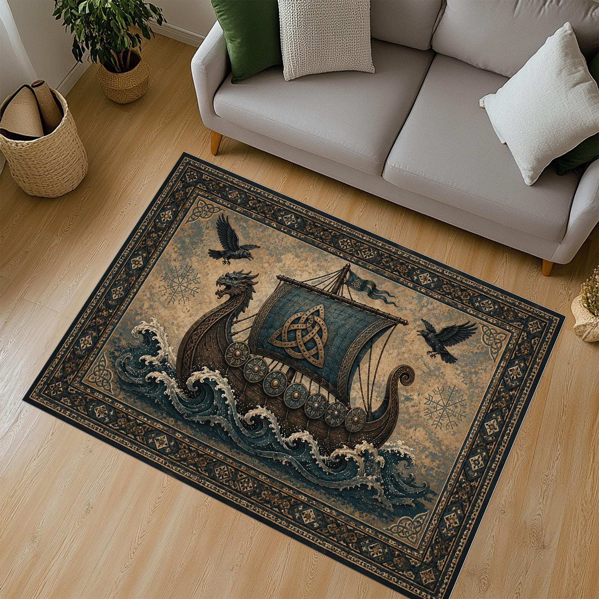 Viking Raven Rug - Viking Ship Rug: Norse Longship Carpet, Blue Ocean Waves, Celtic Raven Dragon