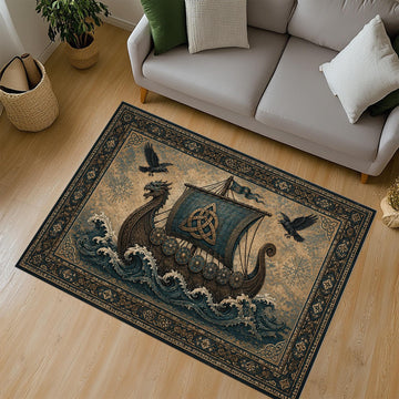 Viking Raven Rug - Viking Ship Rug: Norse Longship Carpet, Blue Ocean Waves, Celtic Raven Dragon