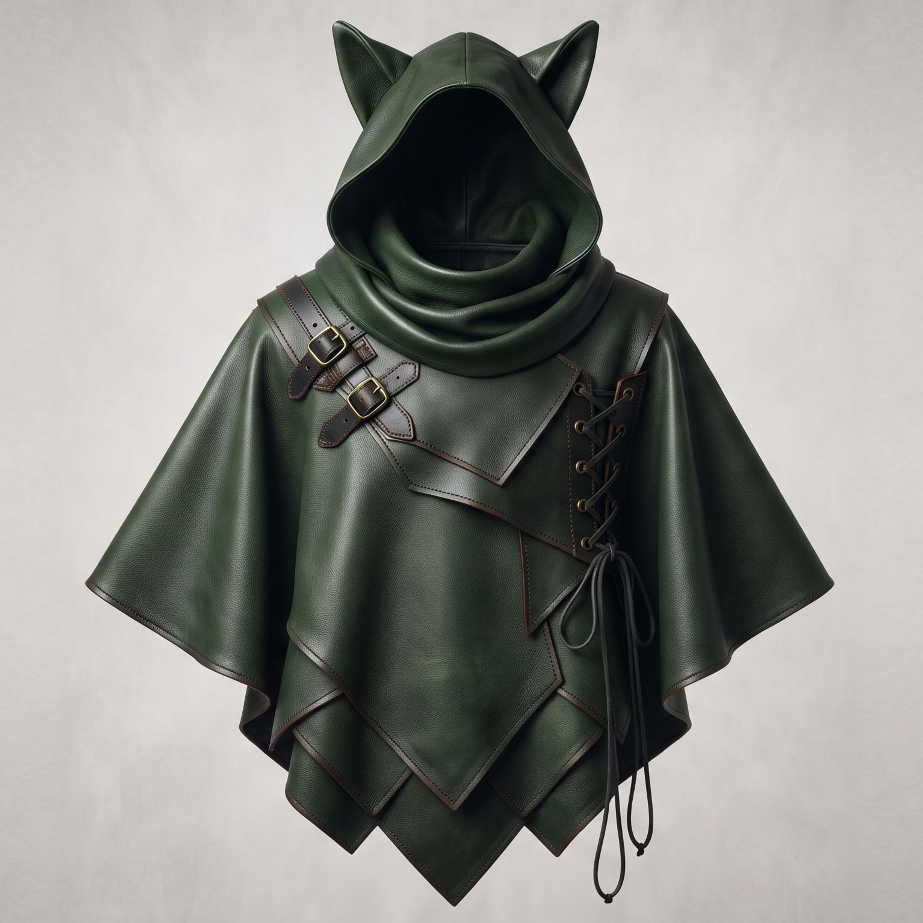 Viking Jacket - Dark Green Leather Hooded Poncho, Medieval Fantasy Cape, Viking Cloak, Renaissance