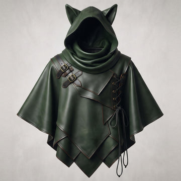 Viking Jacket - Dark Green Leather Hooded Poncho, Medieval Fantasy Cape, Viking Cloak, Renaissance