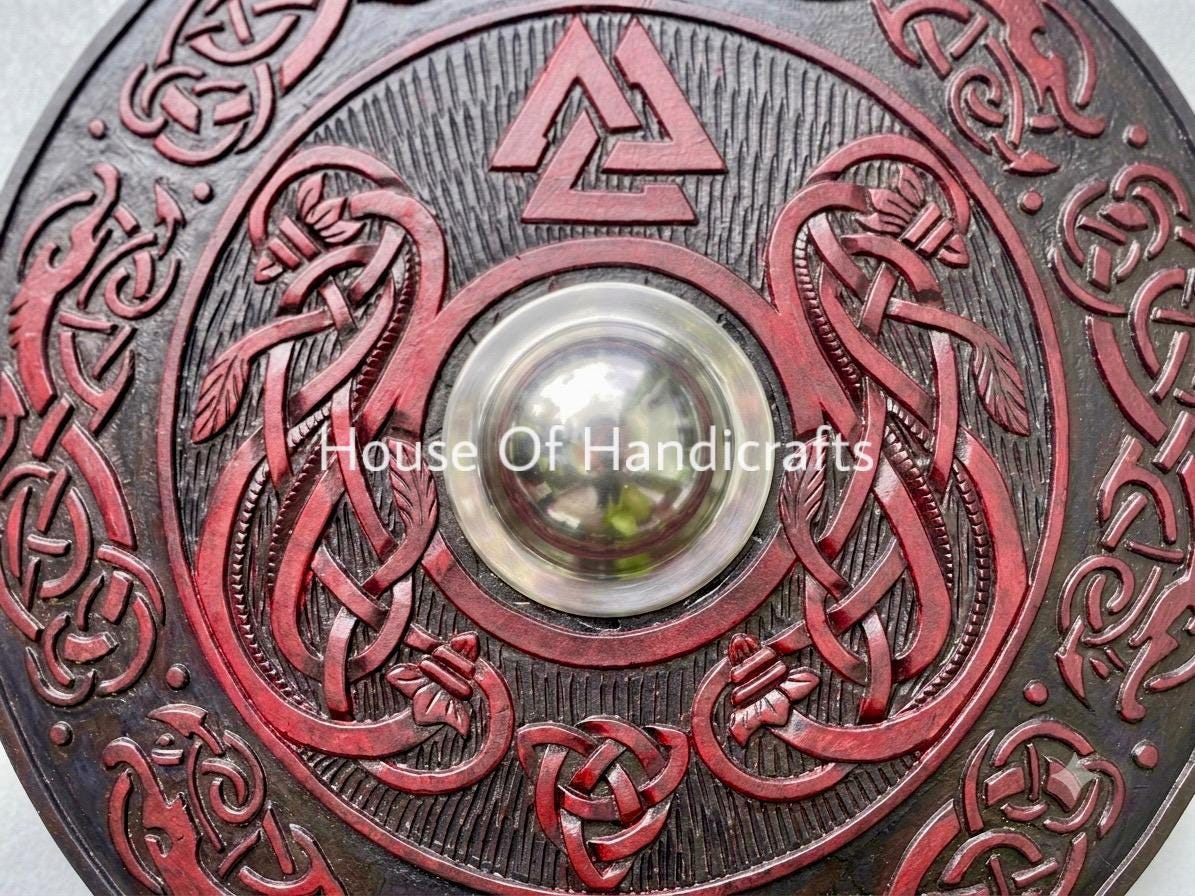Viking Rune Weapon Replica - Handmade Viking Wooden Shield, Helm of Awe, Runes, Celtic Knots Wall