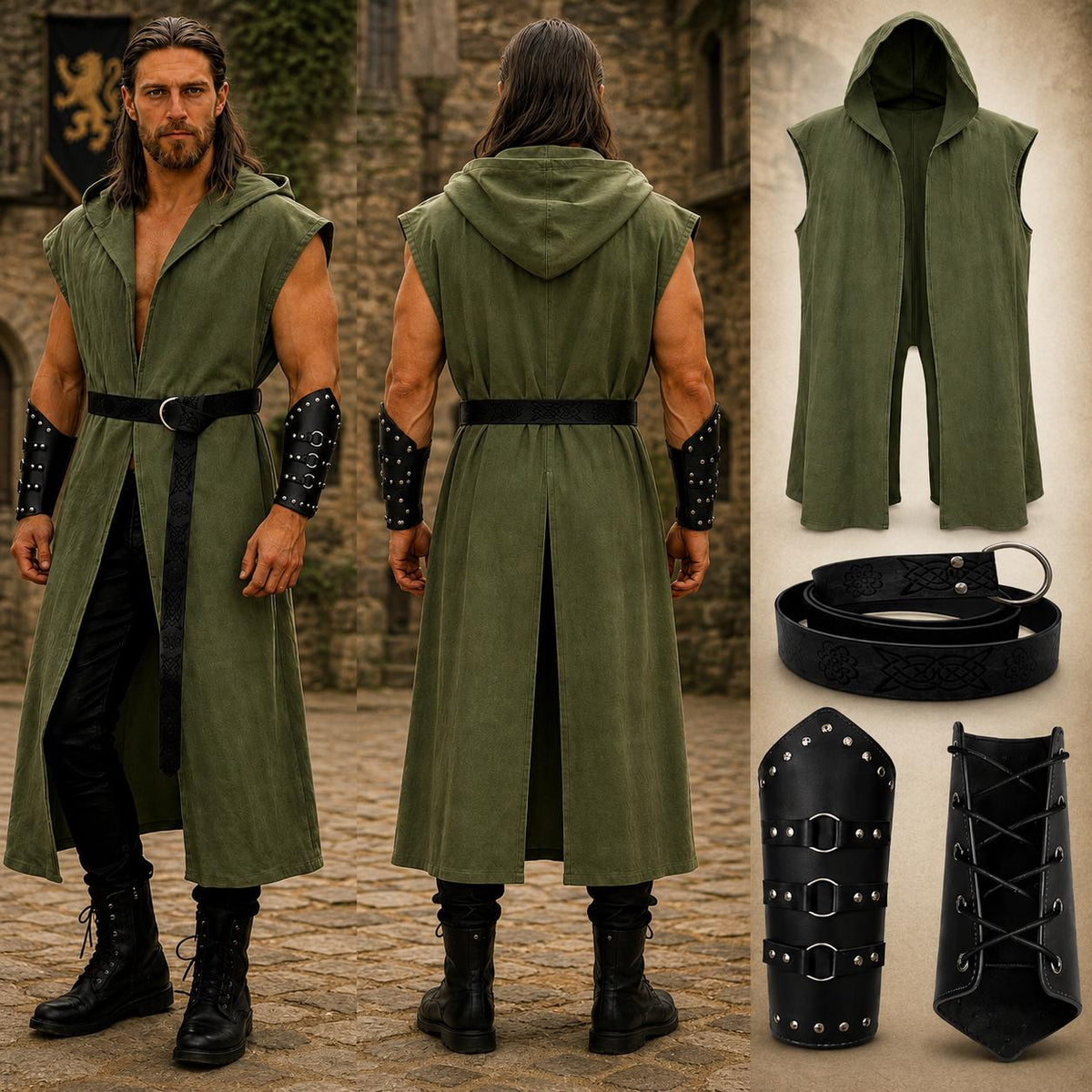 Viking Costume & LARP - Handmade Medieval Viking Leather Accessories Set, Genuine Cowhide Belt