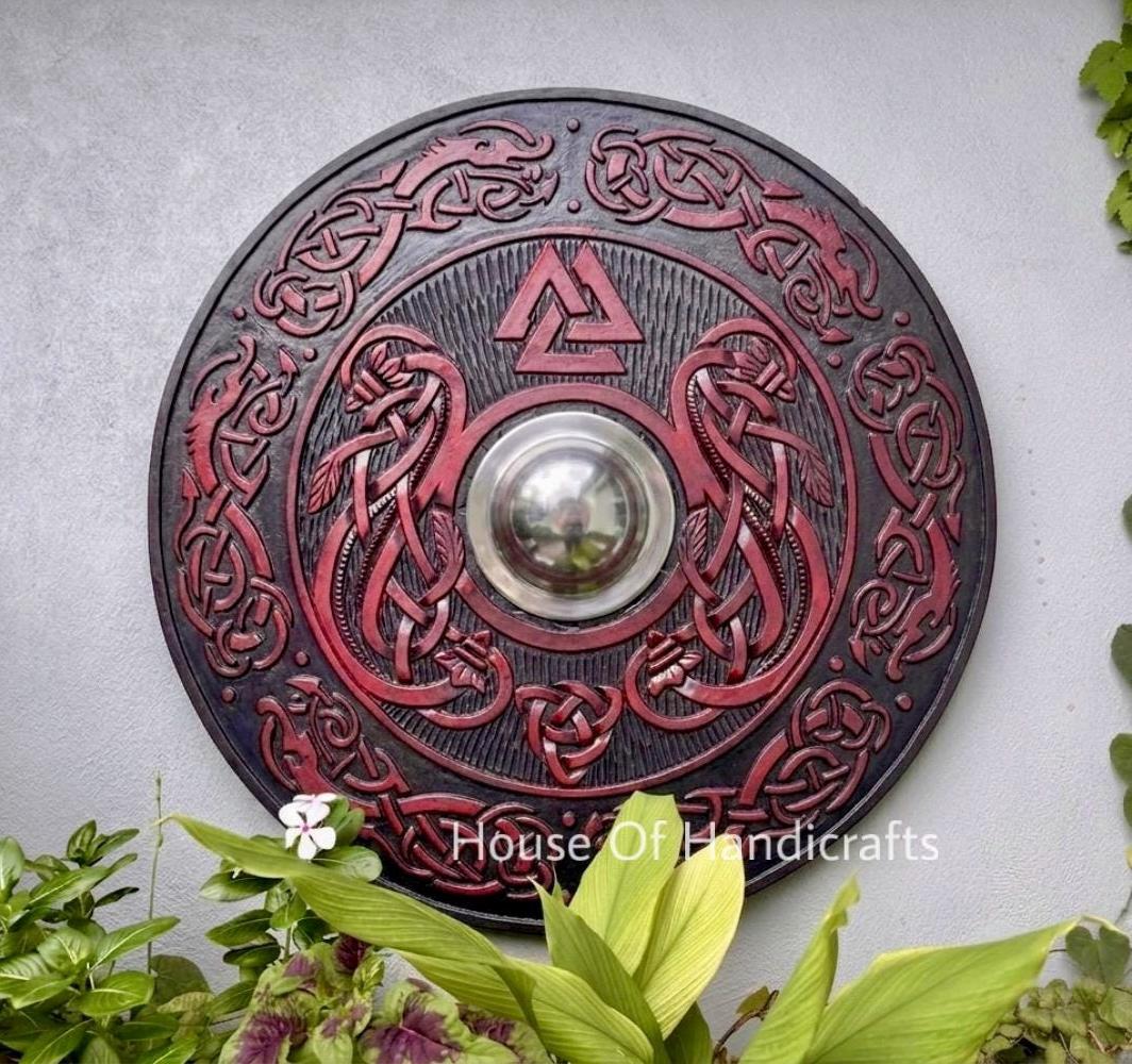 Viking Rune Weapon Replica - Handmade Viking Wooden Shield, Helm of Awe, Runes, Celtic Knots Wall