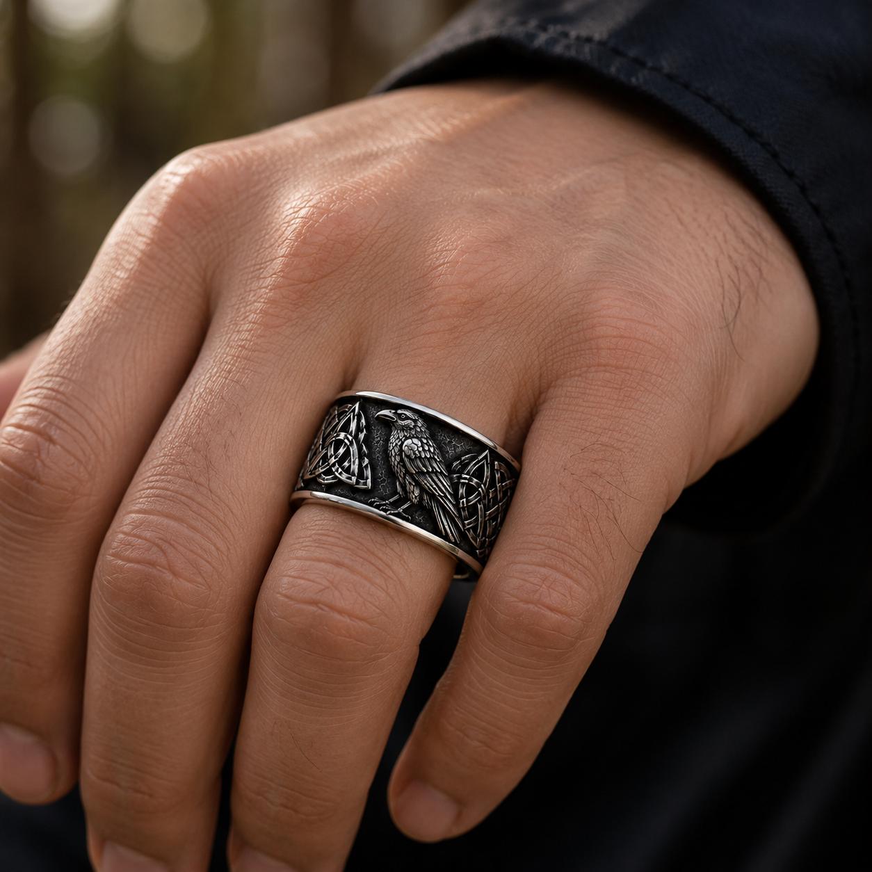 Viking Raven Ring - Sterling Silver Raven Ring, Celtic Knot Ring, Viking Raven Ring, Gothic Mens