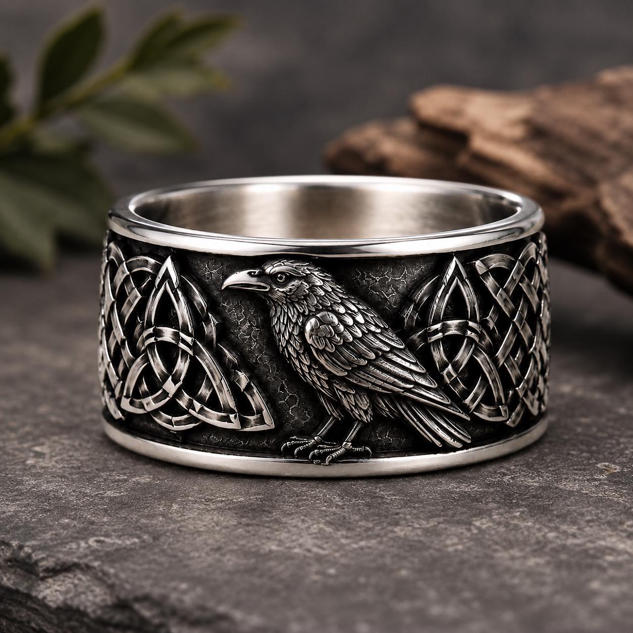 Viking Raven Ring - Sterling Silver Raven Ring, Celtic Knot Ring, Viking Raven Ring, Gothic Mens
