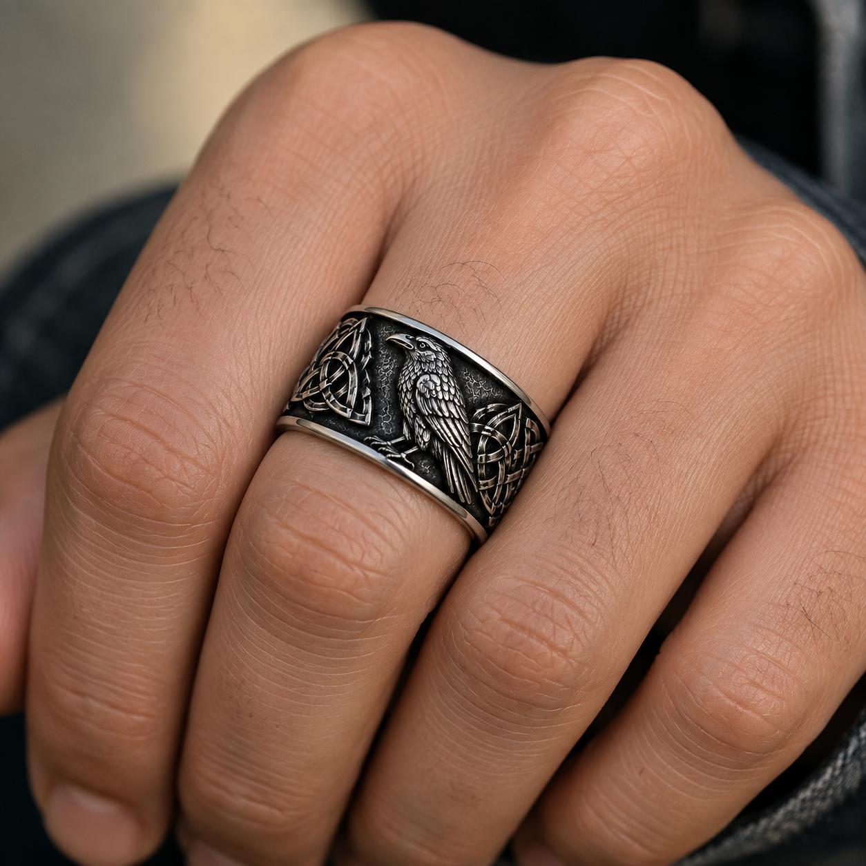 Viking Raven Ring - Sterling Silver Raven Ring, Celtic Knot Ring, Viking Raven Ring, Gothic Mens