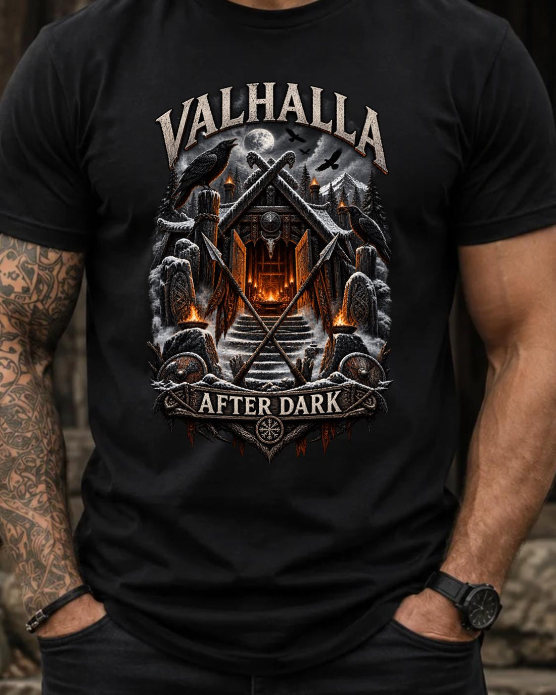 Viking Raven T-Shirt - Valhalla After Dark Viking Shirt, Norse Mythology T-Shirt, Raven Valhalla