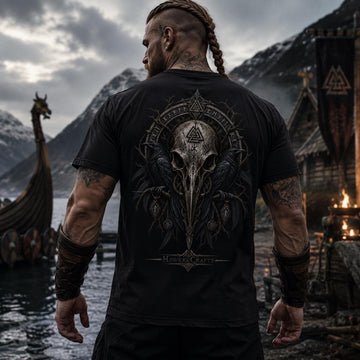 Viking Raven T-Shirt - Raven Skull Viking T-Shirt, Norse Runes Graphic Tee