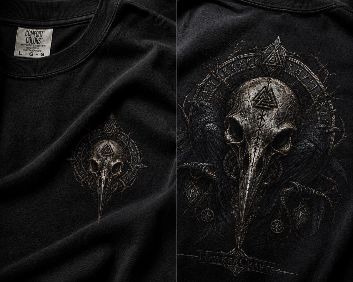 Viking Raven T-Shirt - Raven Skull Viking T-Shirt, Norse Runes Graphic Tee