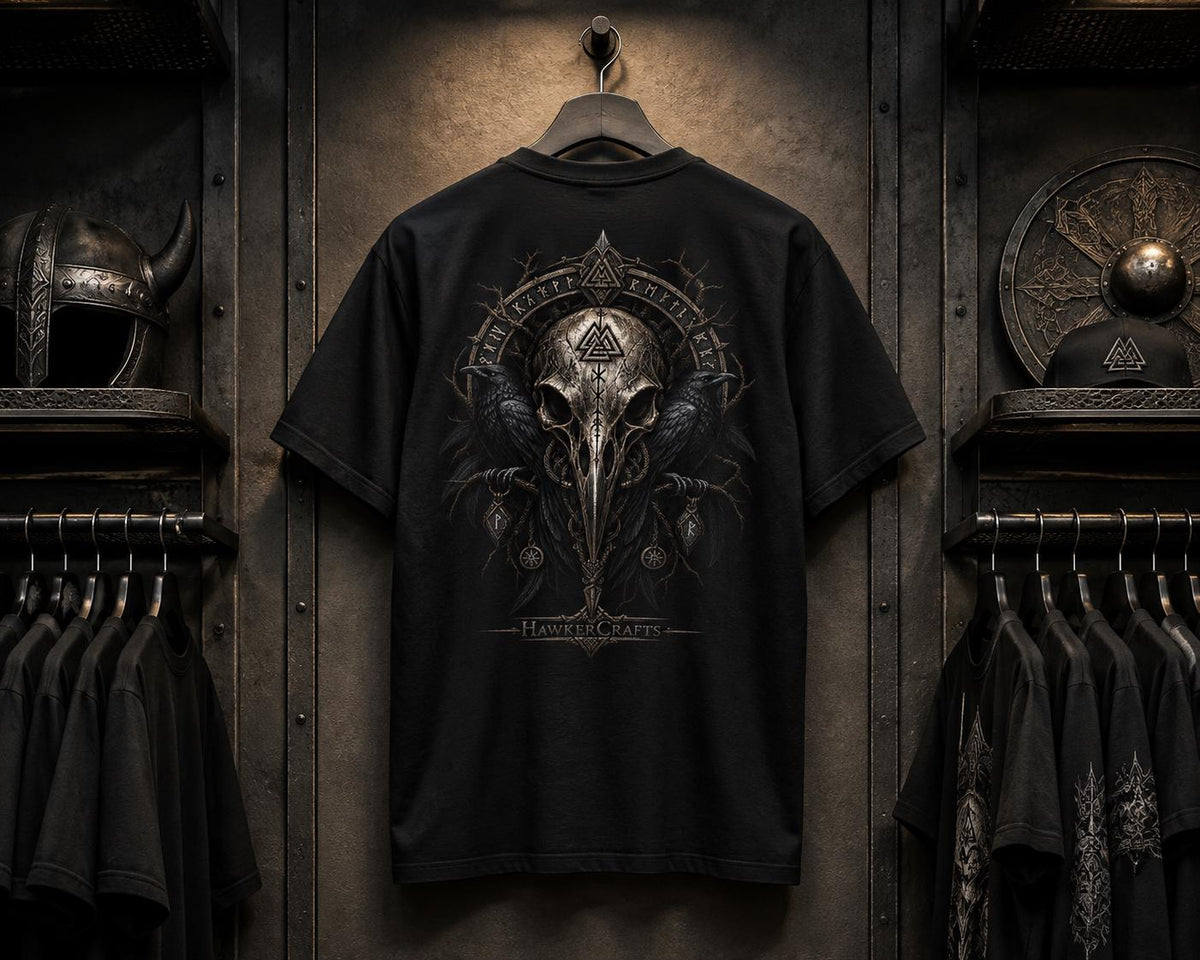 Viking Raven T-Shirt - Raven Skull Viking T-Shirt, Norse Runes Graphic Tee
