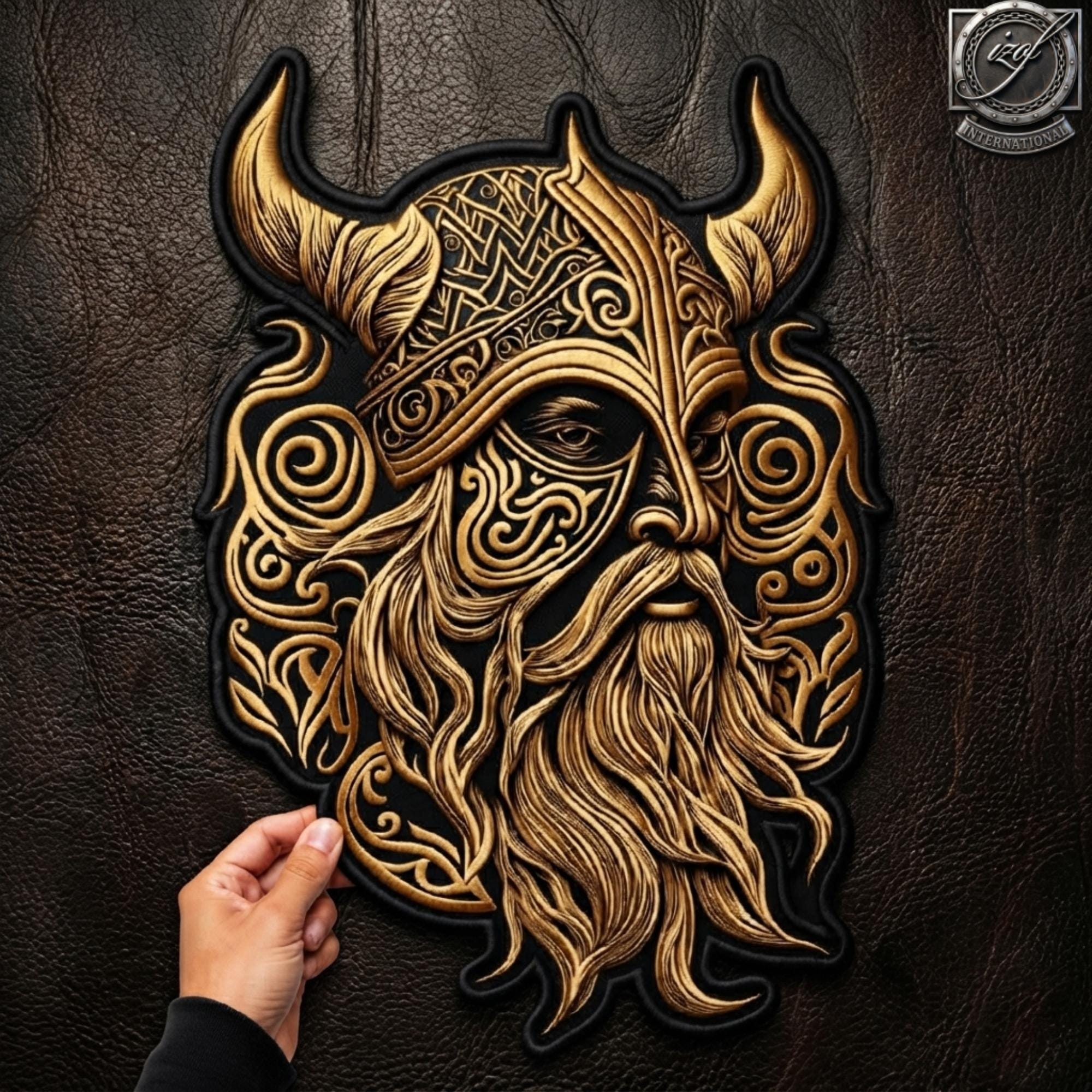 Viking Jacket - Viking Warrior Embroidered Patch, Norse Helmet Back Applique, Gold Black Gothic