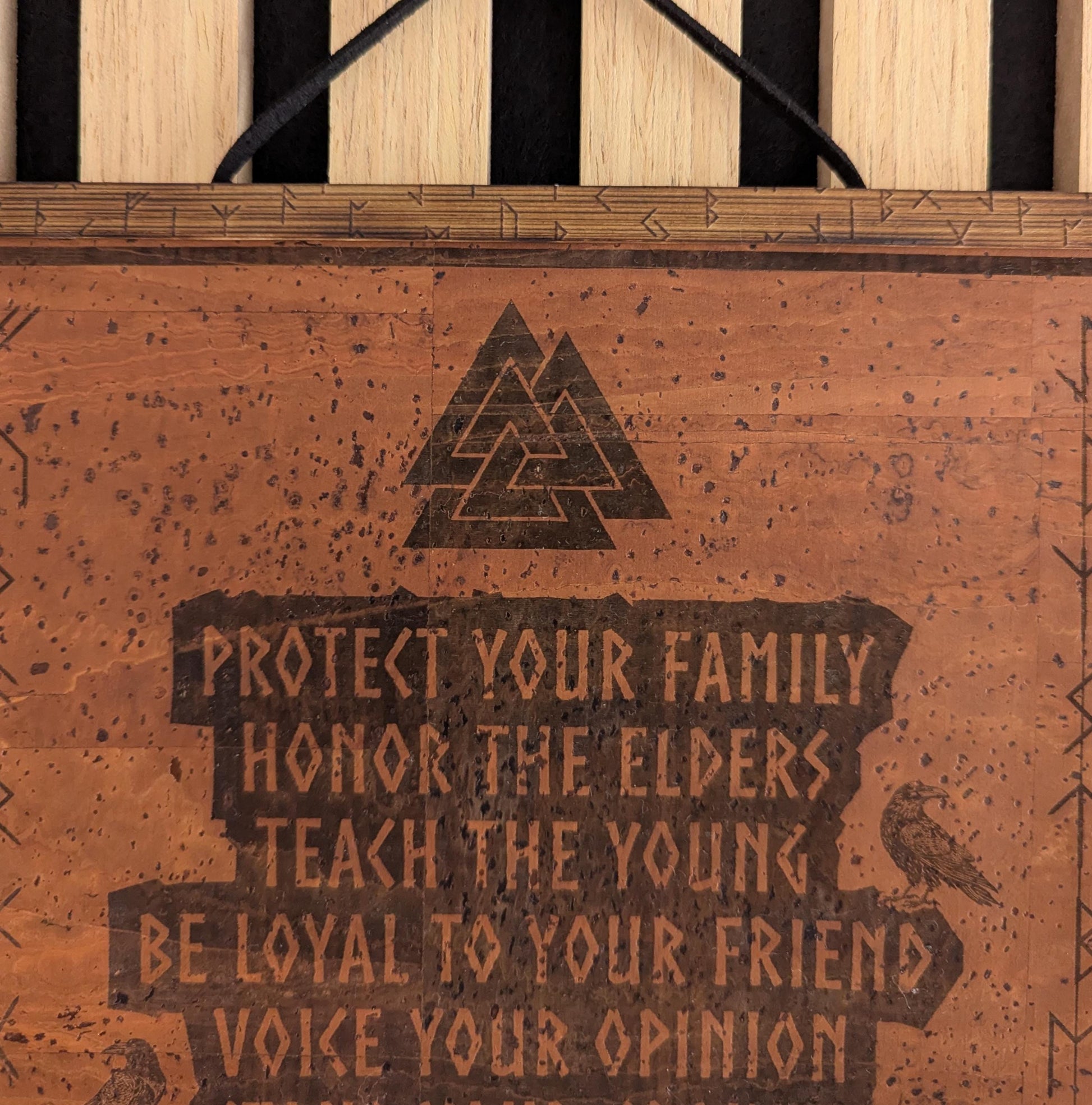 Viking Valknut Home Decor - Viking Code Valknut Wall Art. Engraved Eco Friendly Cork Leather