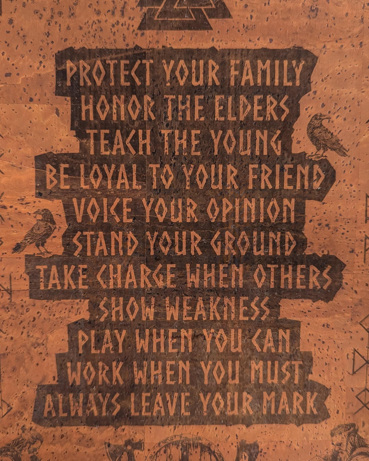Viking Valknut Home Decor - Viking Code Valknut Wall Art. Engraved Eco Friendly Cork Leather