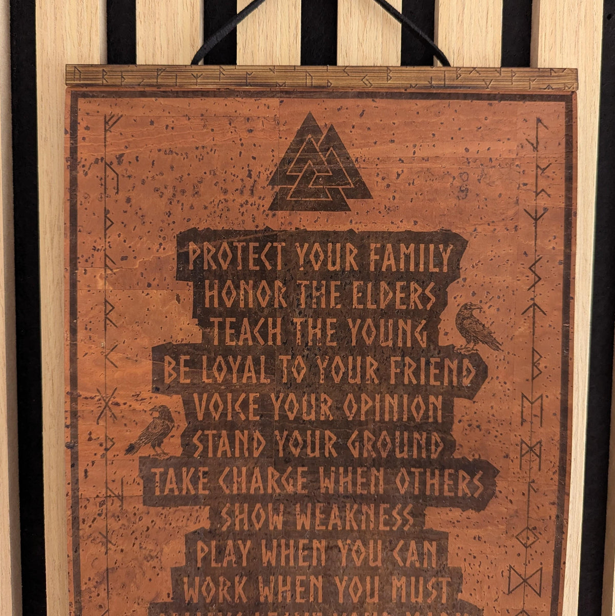 Viking Valknut Home Decor - Viking Code Valknut Wall Art. Engraved Eco Friendly Cork Leather