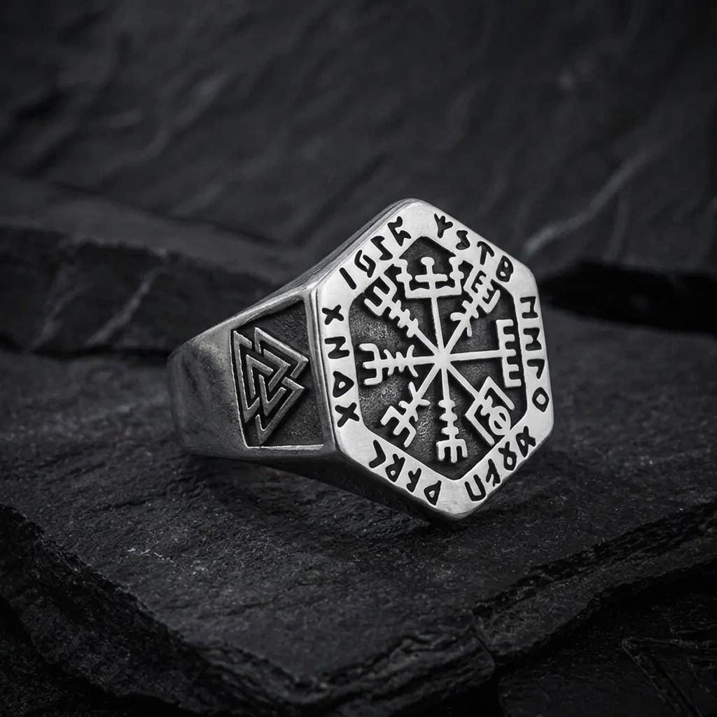 Viking Odin Ring - Vegvisir Viking Signet Ring, Norse Rune Protection Ring, 316L Stainless Steel