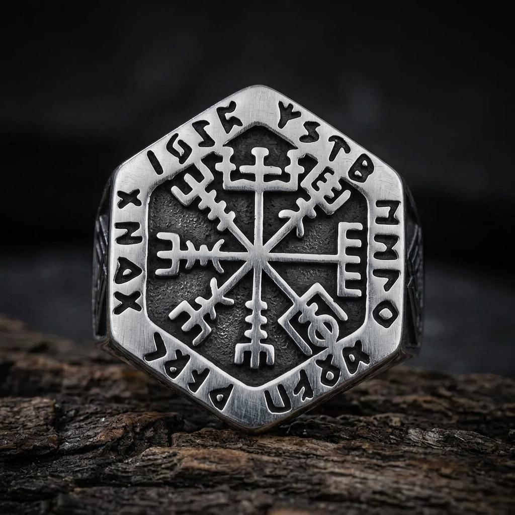 Viking Odin Ring - Vegvisir Viking Signet Ring, Norse Rune Protection Ring, 316L Stainless Steel