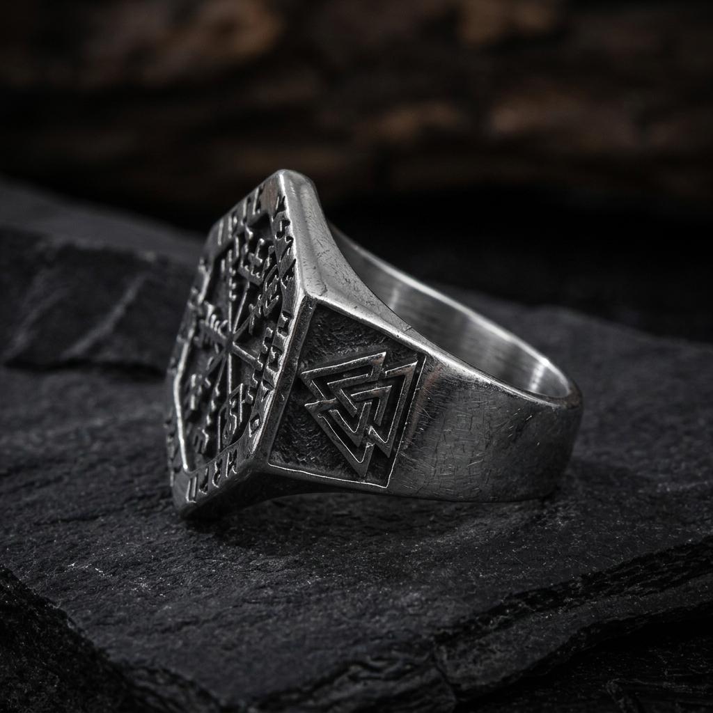 Viking Odin Ring - Vegvisir Viking Signet Ring, Norse Rune Protection Ring, 316L Stainless Steel